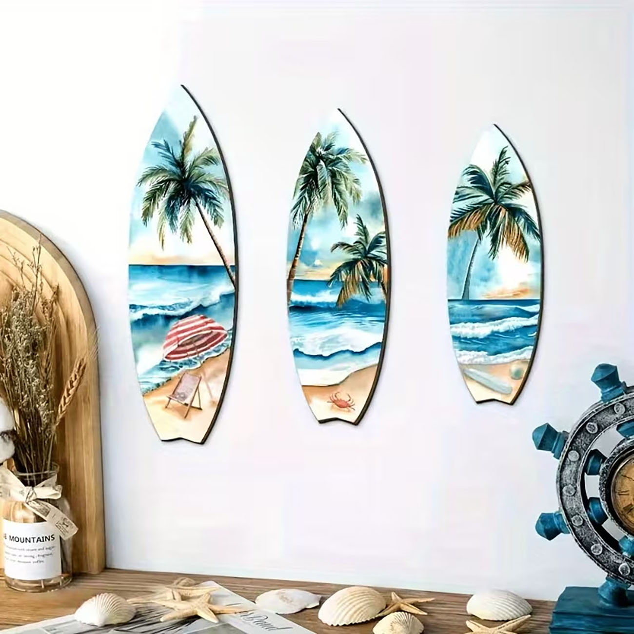 Woodworking Room - 3-teiliges Ocean View Surfbrett Holz-Wandkunst-Set mit